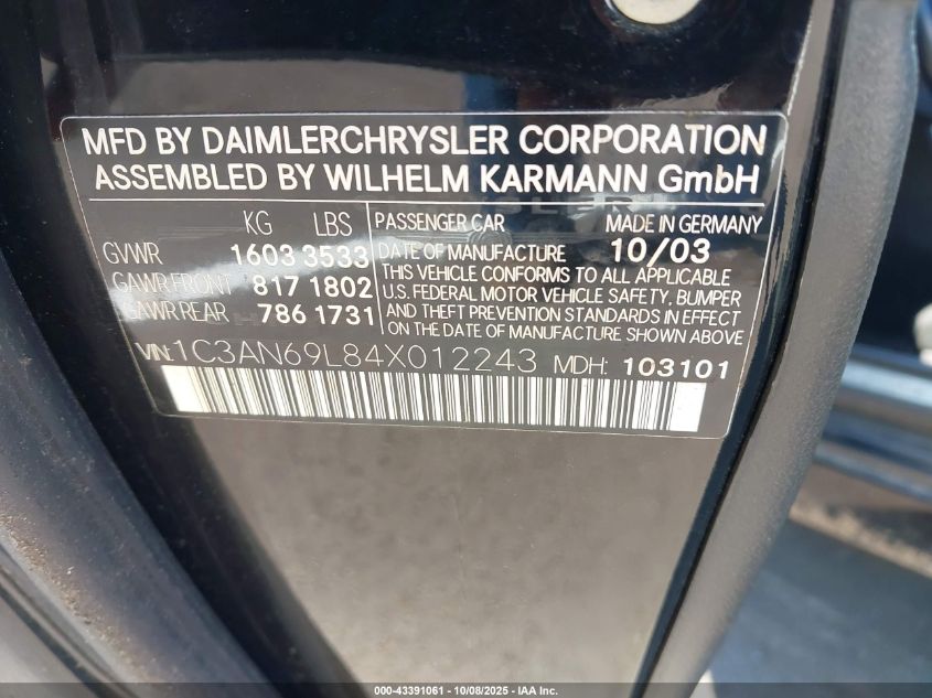 2004 Chrysler Crossfire VIN: 1C3AN69L84X012243 Lot: 43391061