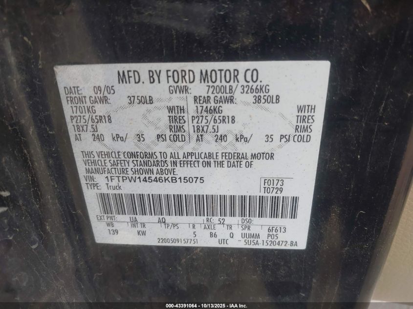 2006 Ford F-150 Fx4/Lariat/Xlt VIN: 1FTPW14546KB15075 Lot: 43391064