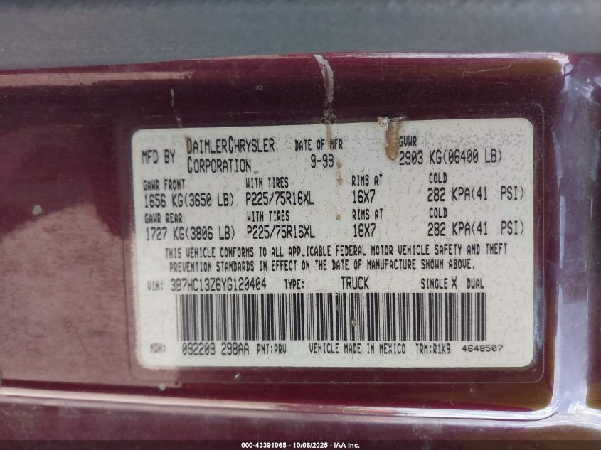 2000 Dodge Ram 1500 St VIN: 3B7HC13Z6YG120404 Lot: 43391065