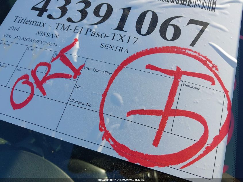 2014 Nissan Sentra Sr VIN: 3N1AB7AP9EY303524 Lot: 43391067