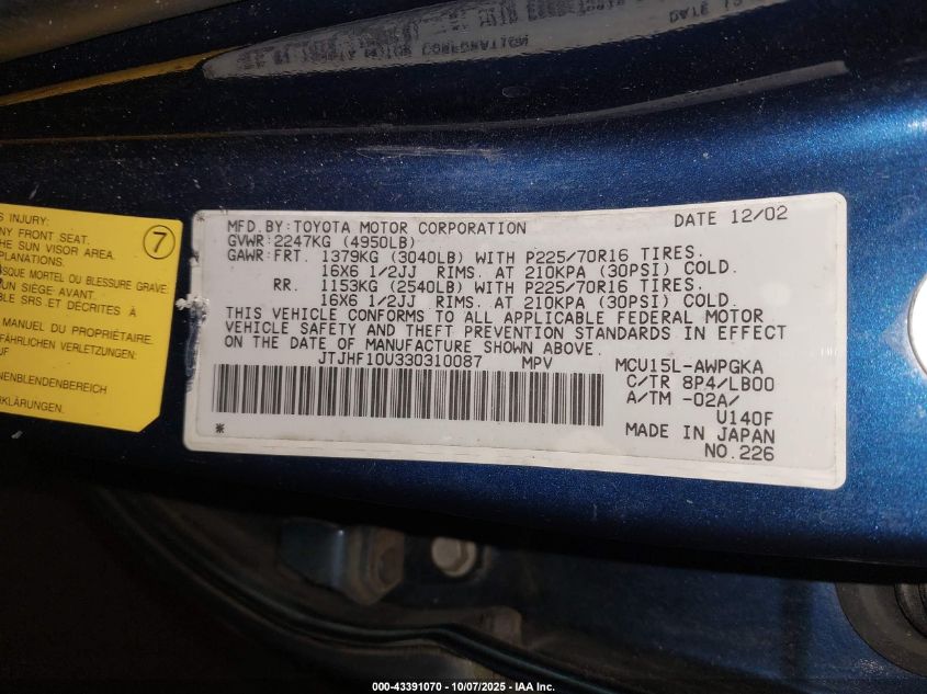 2003 Lexus Rx 300 VIN: JTJHF10U330310087 Lot: 43391070