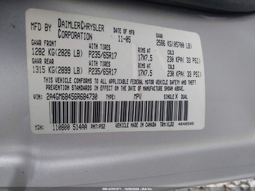 2006 Chrysler Pacifica Touring VIN: 2A4GM68456R684730 Lot: 43391071