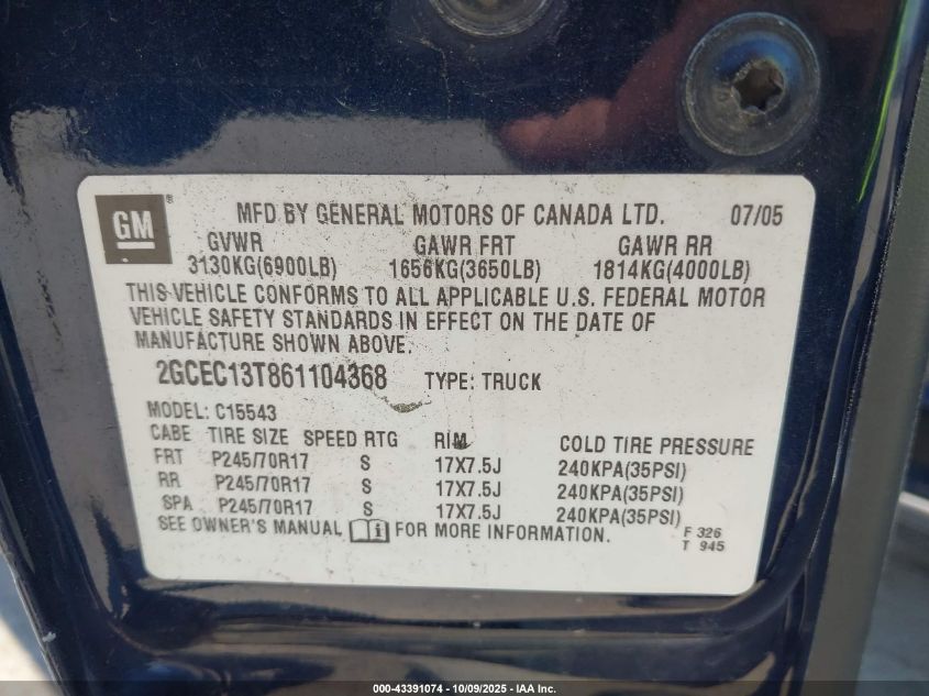 2006 Chevrolet Silverado 1500 Lt1 VIN: 2GCEC13T861104368 Lot: 43391074