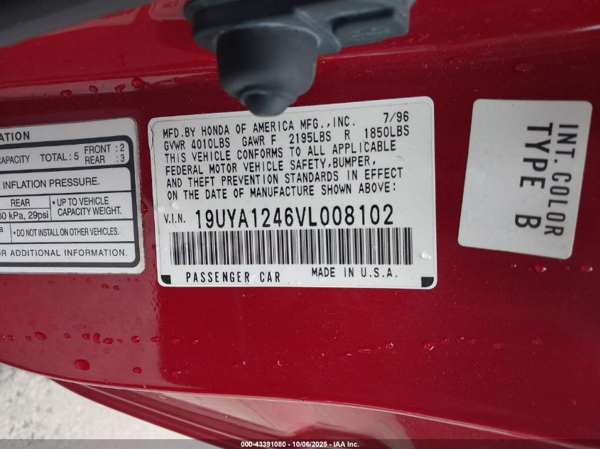 1997 Acura Cl 2.2 VIN: 19UYA1246VL008102 Lot: 43391080