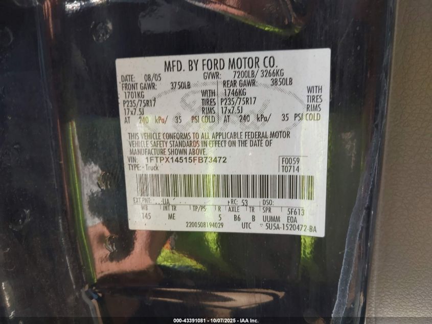 2005 Ford F-150 Fx4/Lariat/Xl/Xlt VIN: 1FTPX14515FB73472 Lot: 43391081