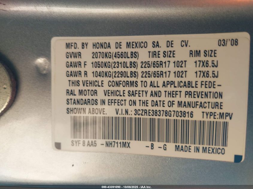 2008 Honda Cr-V Lx VIN: 3CZRE38378G703816 Lot: 43391090