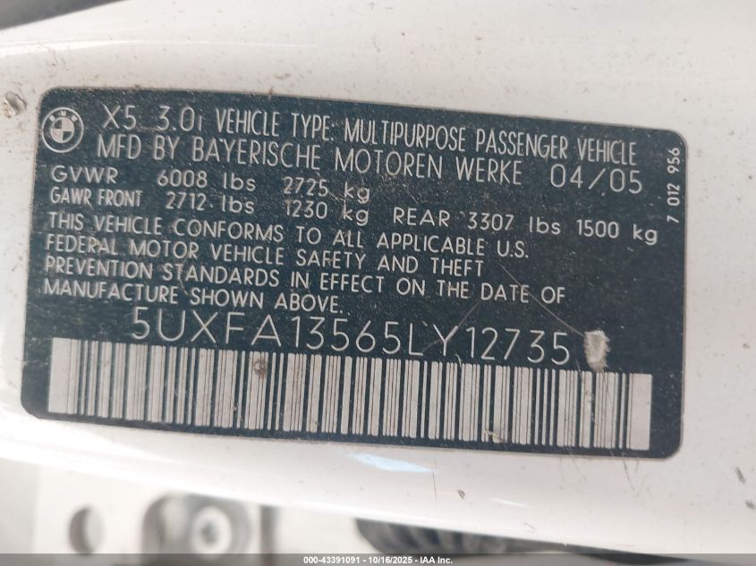 2005 BMW X5 3.0I VIN: 5UXFA13565LY12735 Lot: 43391091