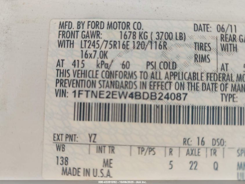 2011 Ford E-250 Commercial VIN: 1FTNE2EW4BDB24087 Lot: 43391092