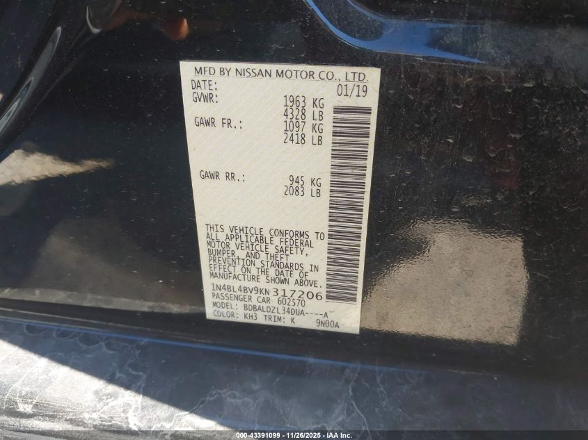 2019 Nissan Altima 2.5 S VIN: 1N4BL4BV9KN317206 Lot: 43391099