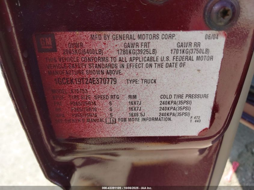 2004 Chevrolet Silverado 1500 Z71 VIN: 1GCEK19T24E370779 Lot: 43391109