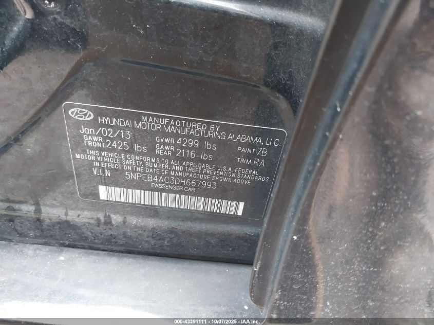 2013 Hyundai Sonata Gls VIN: 5NPEB4AC3DH667993 Lot: 43391111