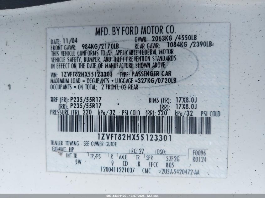 2005 Ford Mustang Gt Deluxe/Gt Premium VIN: 1ZVFT82HX55123301 Lot: 43391120