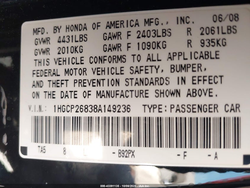 1HGCP26838A149236 2008 HONDA ACCORD photo no. 9