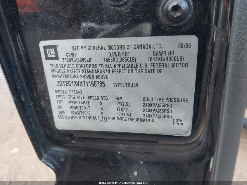 2007 GMC Sierra 1500 Classic Sl VIN: 2GTEC13VX71160735 Lot: 43391141