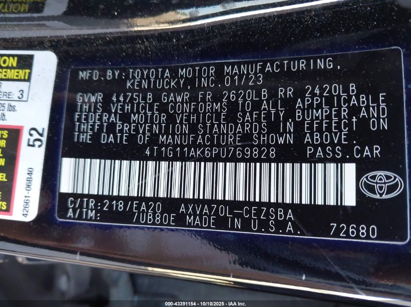 2023 Toyota Camry Se VIN: 4T1G11AK6PU769828 Lot: 43391154