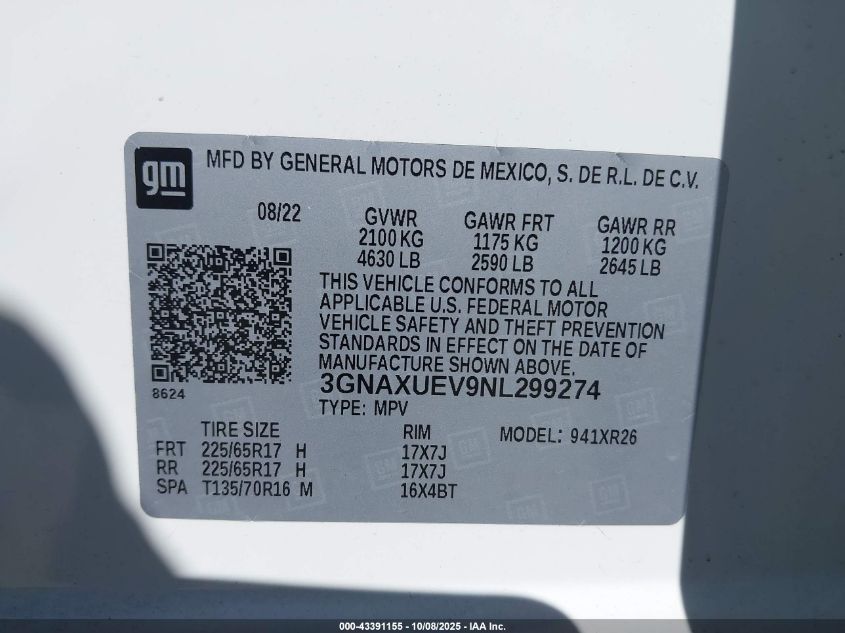 2022 Chevrolet Equinox Awd Lt VIN: 3GNAXUEV9NL299274 Lot: 43391155