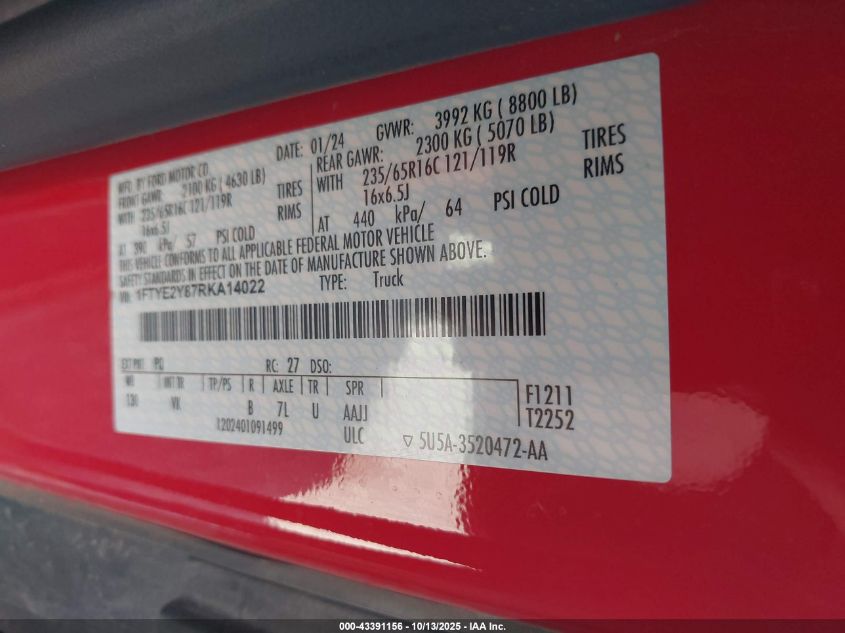 2024 Ford Transit-150 VIN: 1FTYE2Y87RKA14022 Lot: 43391156