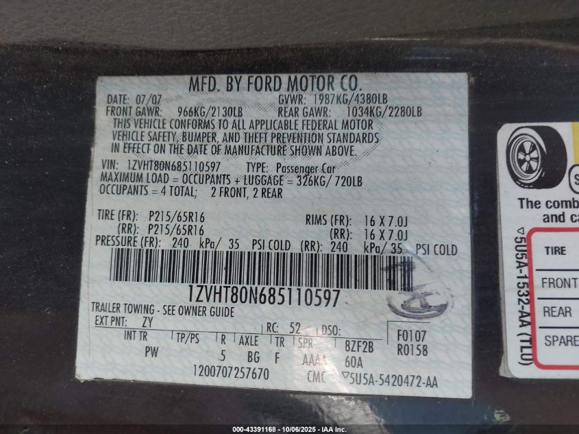 2008 Ford Mustang V6 Deluxe VIN: 1ZVHT80N685110597 Lot: 43391168