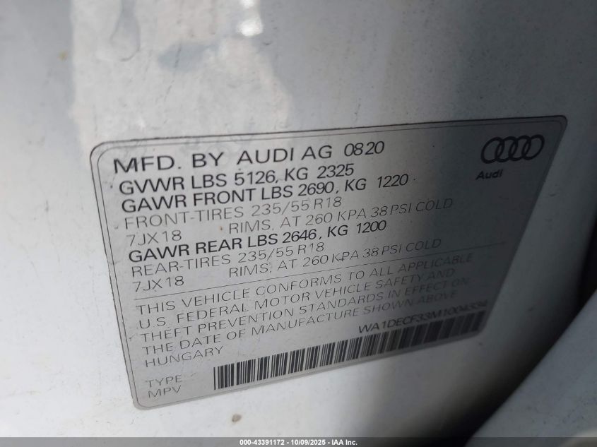 2021 Audi Q3 Premium 45 Tfsi S Line Quattro Tiptronic VIN: WA1DECF33M1004334 Lot: 43391172