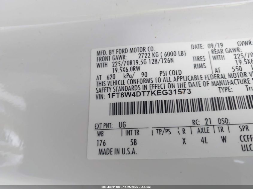 2019 Ford F-450 Lariat VIN: 1FT8W4DT7KEG31573 Lot: 43391180