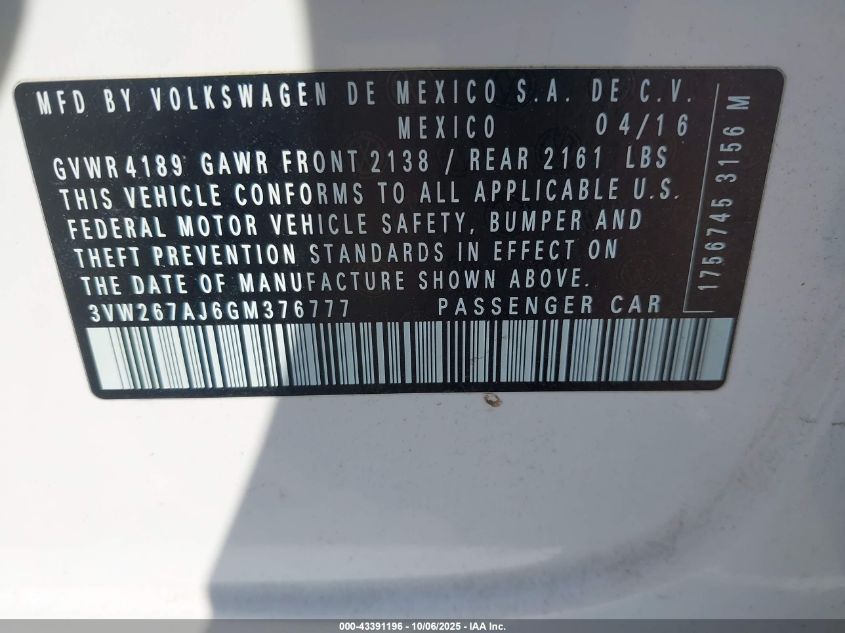 2016 Volkswagen Jetta 1.4T S VIN: 3VW267AJ6GM376777 Lot: 43391196