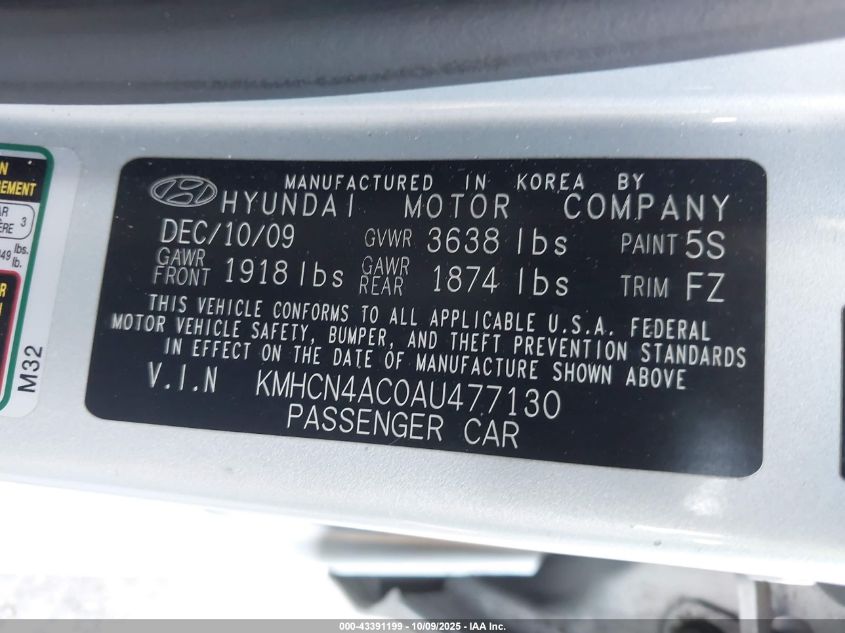 2010 Hyundai Accent Gls VIN: KMHCN4AC0AU477130 Lot: 43391199