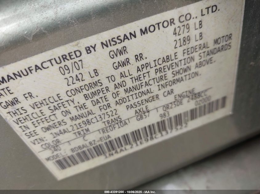 2008 Nissan Altima 2.5 S VIN: 1N4AL21E98C137522 Lot: 43391200