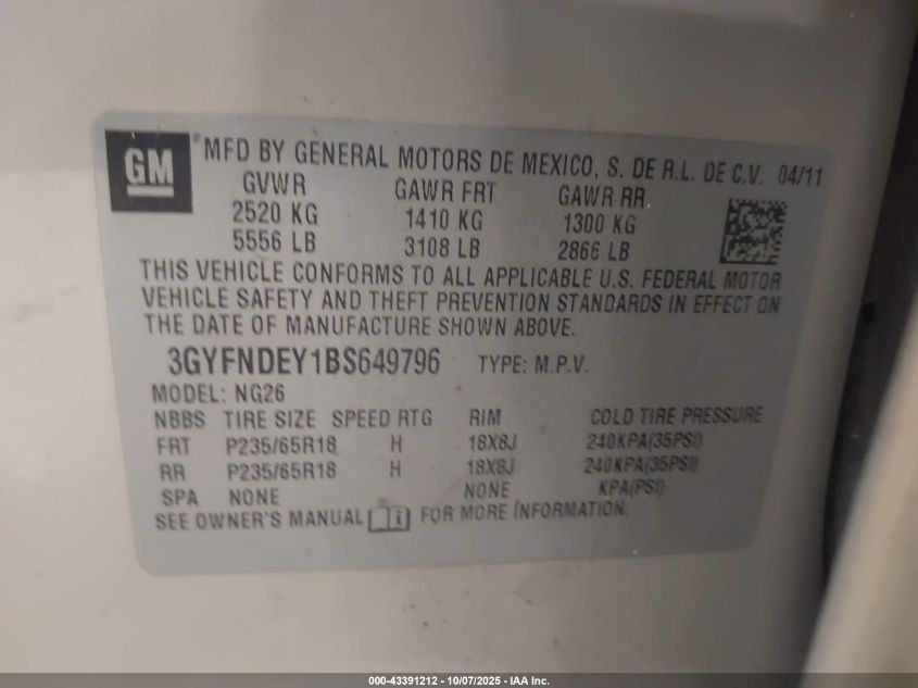 2011 Cadillac Srx Luxury Collection VIN: 3GYFNDEY1BS649796 Lot: 43391212