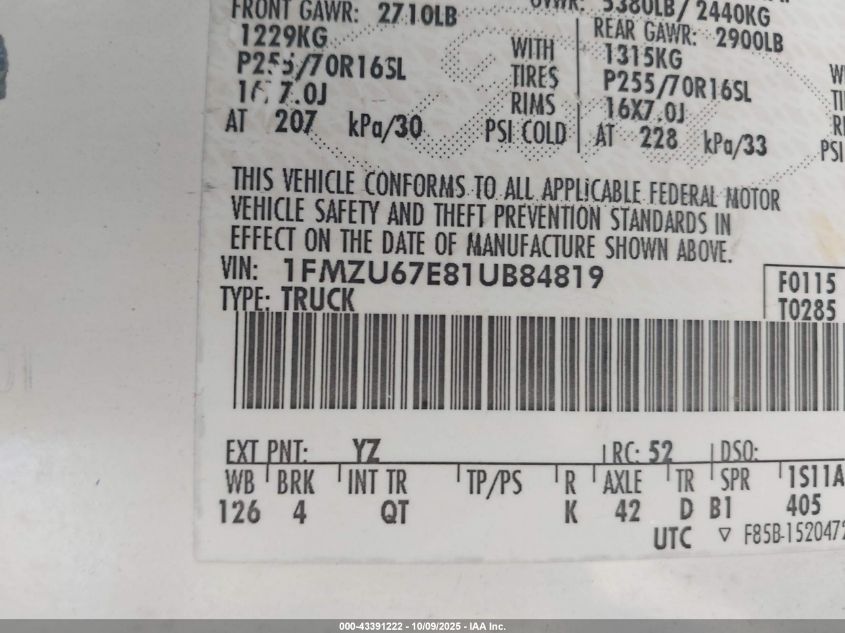 2001 Ford Explorer Sport Trac VIN: 1FMZU67E81UB84819 Lot: 43391222