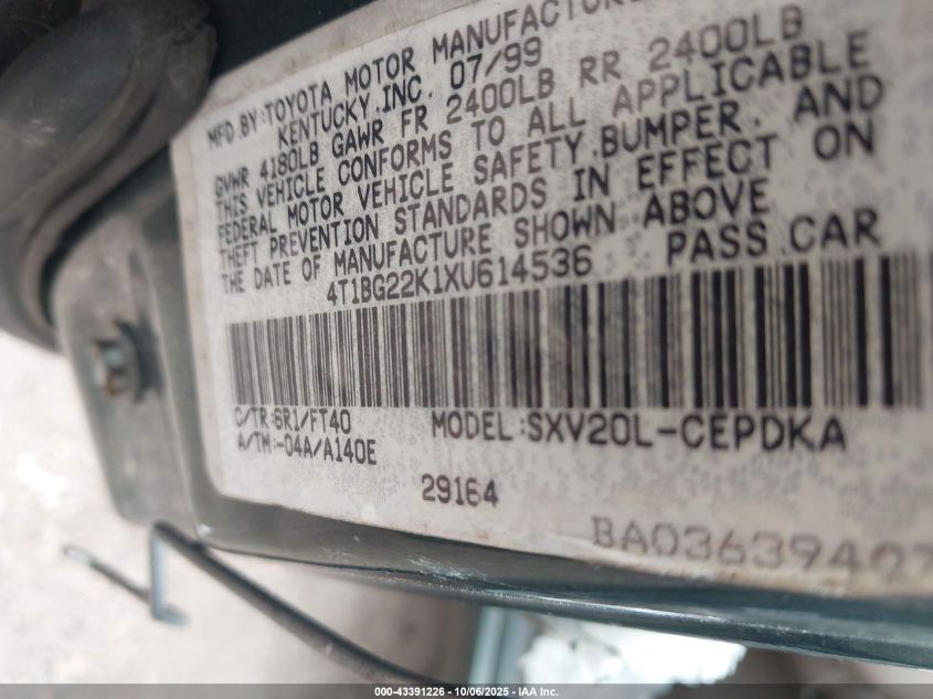 1999 Toyota Camry Ce VIN: 4T1BG22K1XU614536 Lot: 43391226