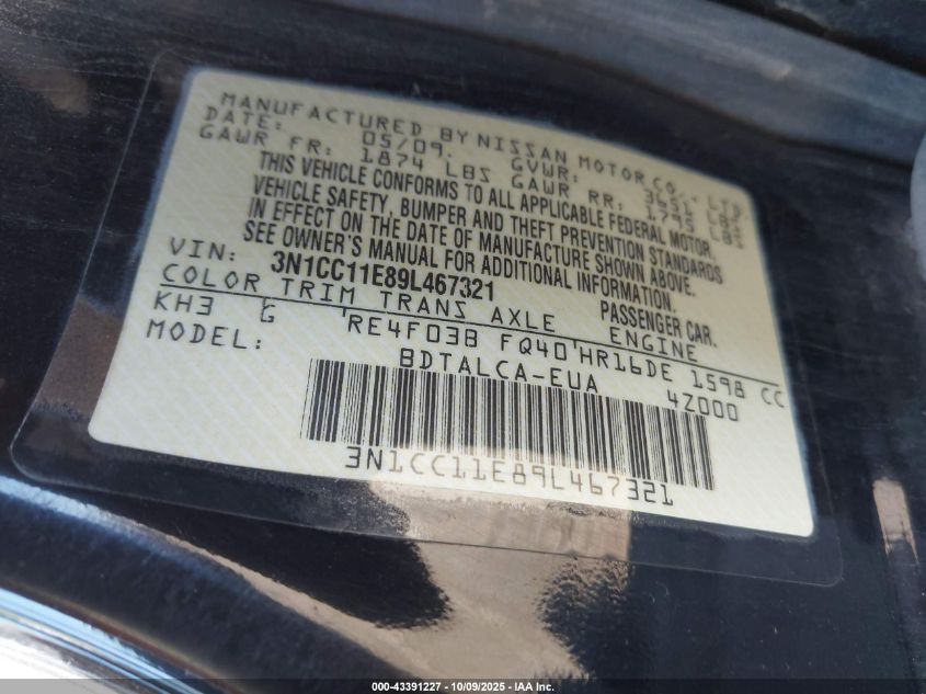 2009 Nissan Versa 1.6 VIN: 3N1CC11E89L467321 Lot: 43391227