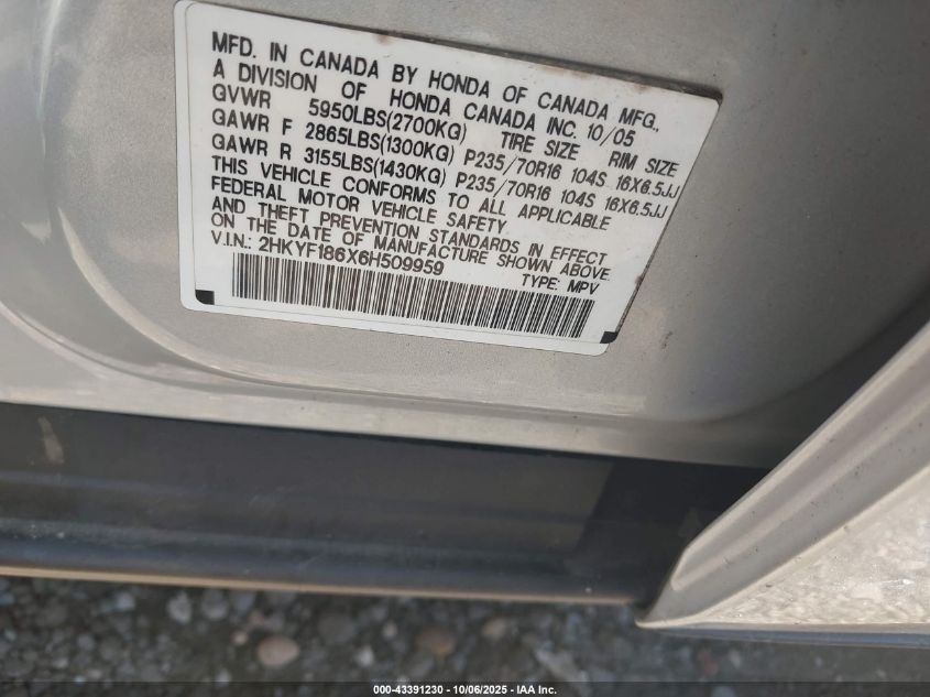 2006 Honda Pilot Ex-L VIN: 2HKYF186X6H509959 Lot: 43391230