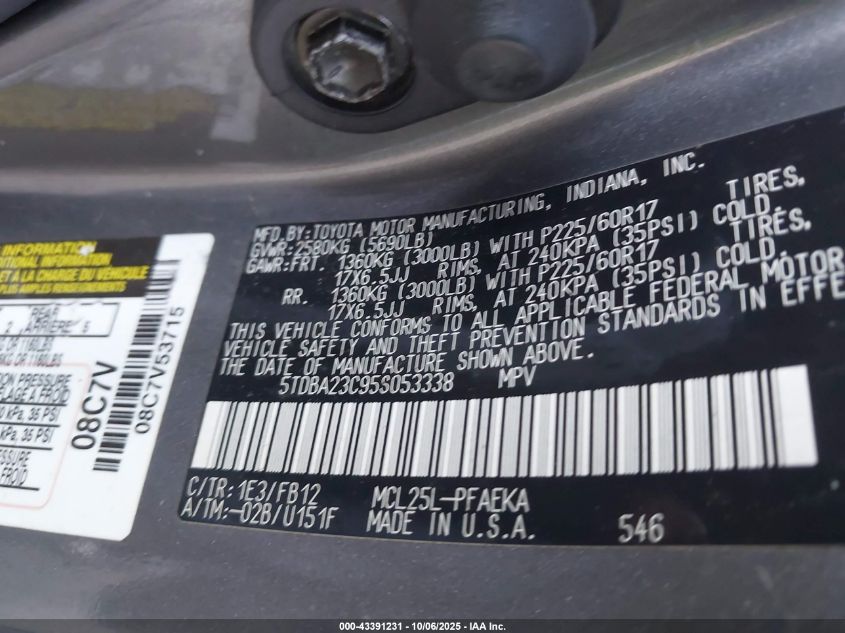 2005 Toyota Sienna Le VIN: 5TDBA23C95S053338 Lot: 43391231