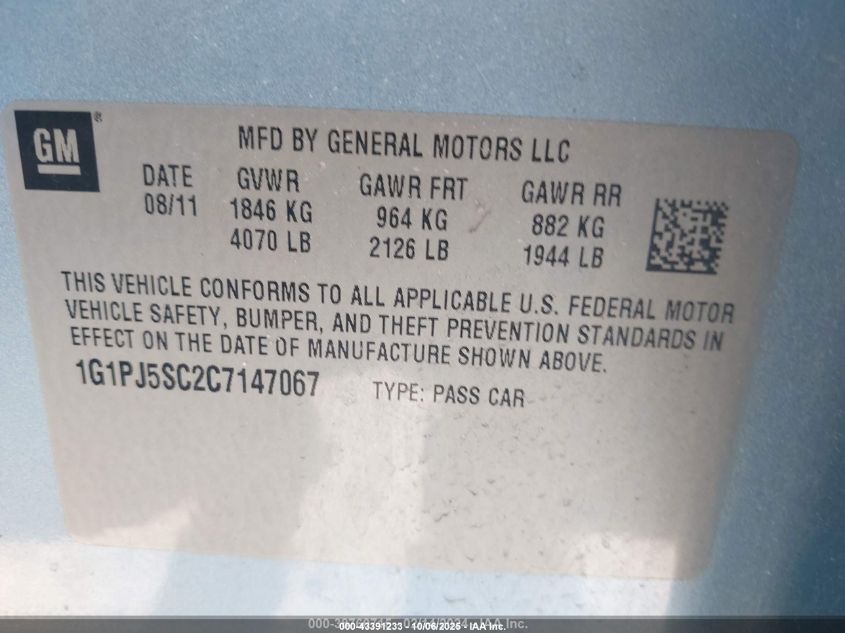 2012 Chevrolet Cruze Eco VIN: 1G1PJ5SC2C7147067 Lot: 43391233