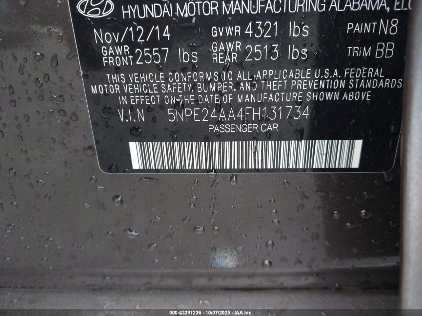 2015 Hyundai Sonata Eco VIN: 5NPE24AA4FH131734 Lot: 43391236