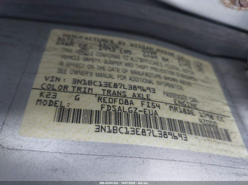 2007 Nissan Versa 1.8Sl VIN: 3N1BC13E87L389693 Lot: 43391242