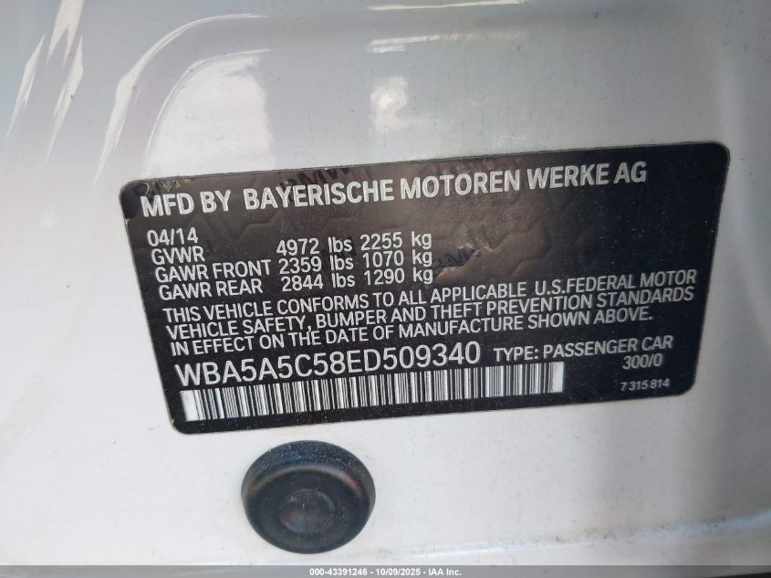 2014 BMW 528I VIN: WBA5A5C58ED509340 Lot: 43391246