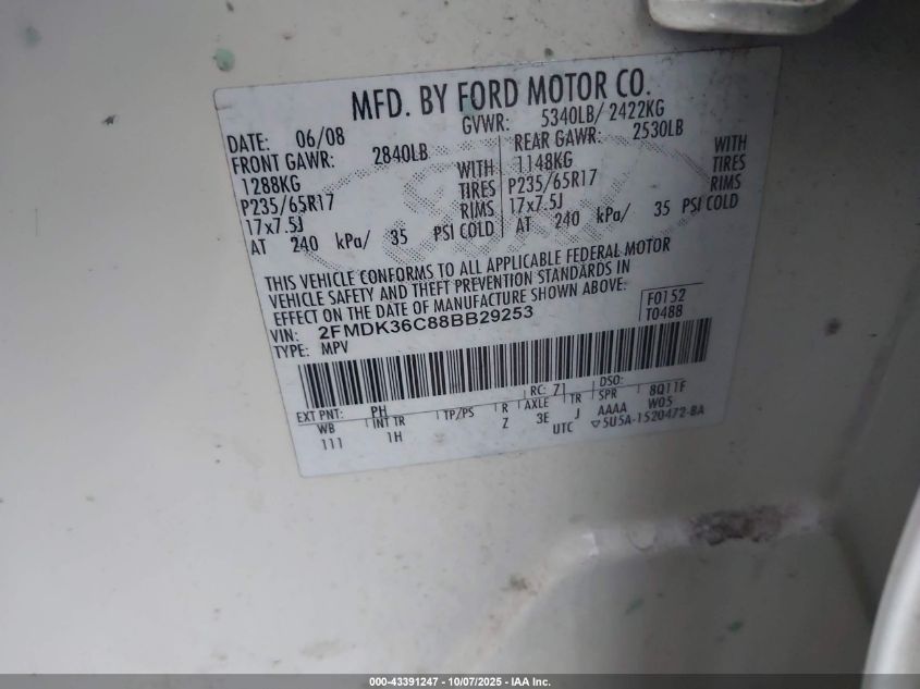 2008 Ford Edge Se VIN: 2FMDK36C88BB29253 Lot: 43391247