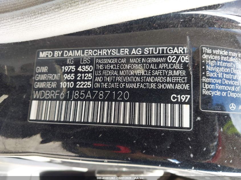 2005 Mercedes-Benz C 240 Luxury VIN: WDBRF61J85A787120 Lot: 43391262