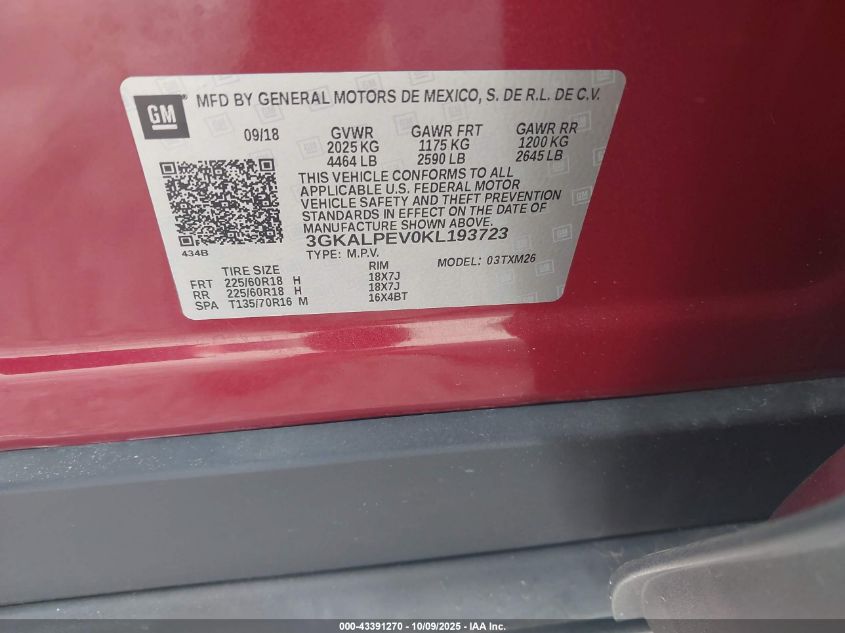 2019 GMC Terrain Slt VIN: 3GKALPEV0KL193723 Lot: 43391270