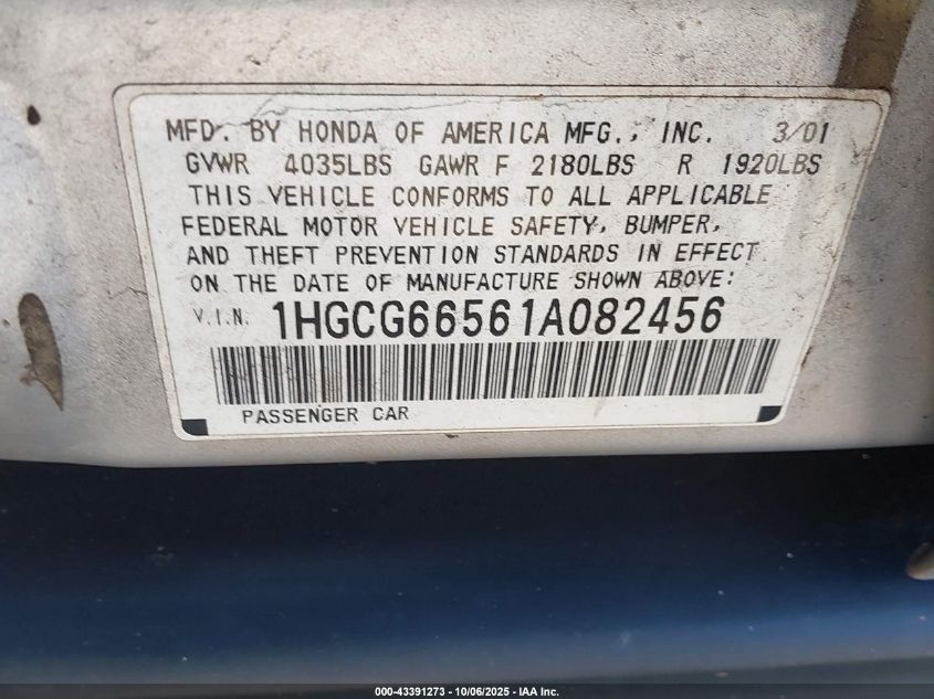 2001 Honda Accord 2.3 Lx VIN: 1HGCG66561A082456 Lot: 43391273