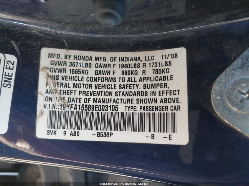 2009 Honda Civic Lx VIN: 19XFA15589E003105 Lot: 43391287