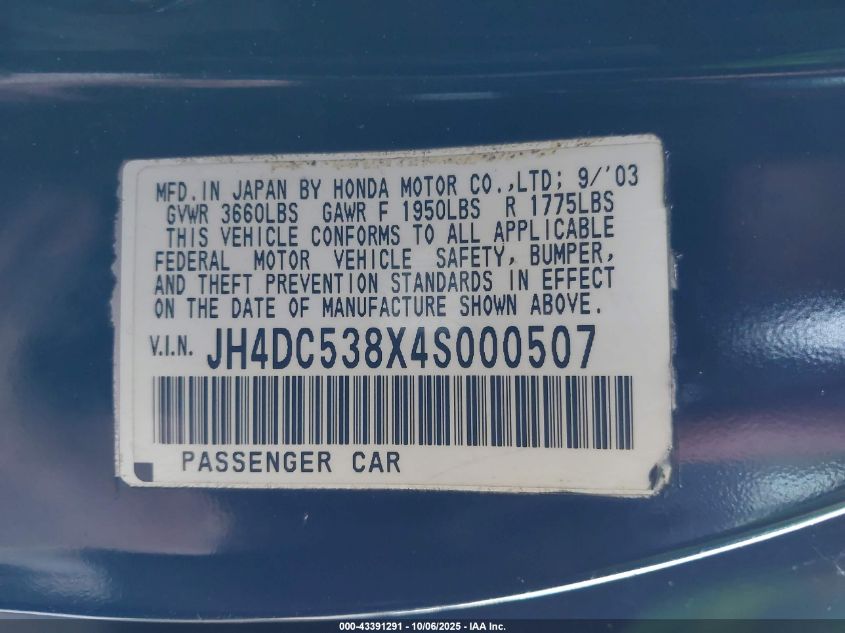 2004 Acura Rsx VIN: JH4DC538X4S000507 Lot: 43391291