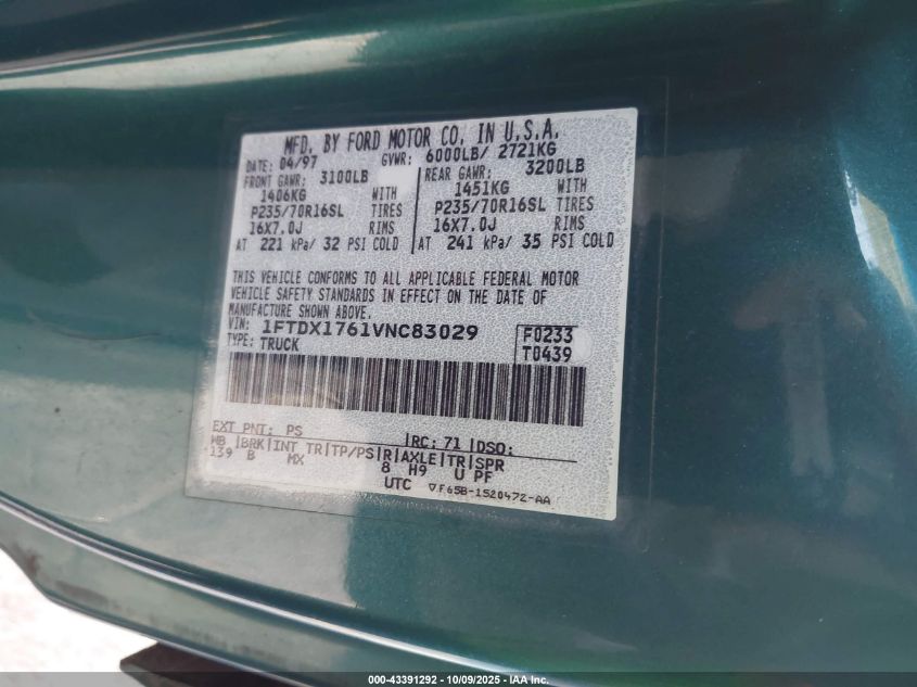 1997 Ford F-150 Lariat/Standard/Xl/Xlt VIN: 1FTDX1761VNC83029 Lot: 43391292