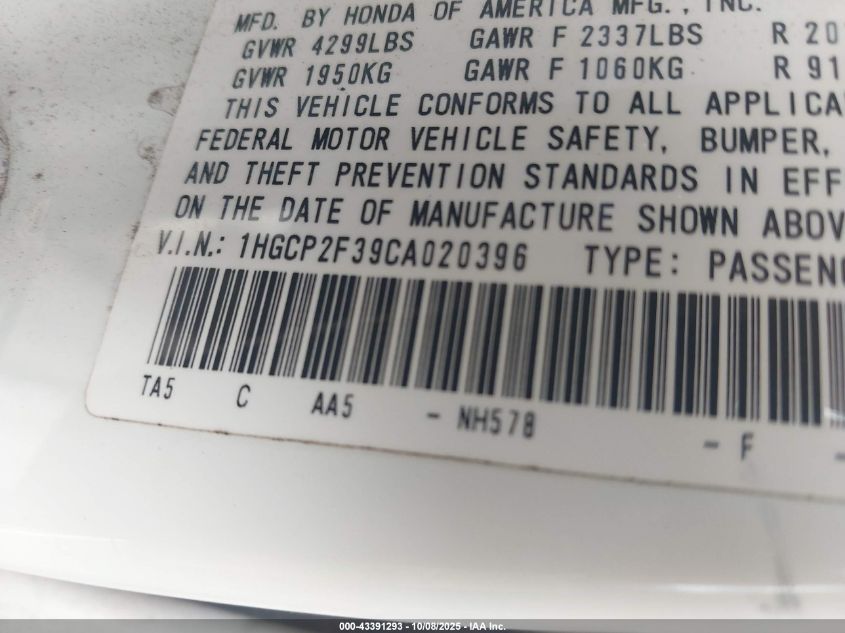 2012 Honda Accord 2.4 Lx VIN: 1HGCP2F39CA020396 Lot: 43391293