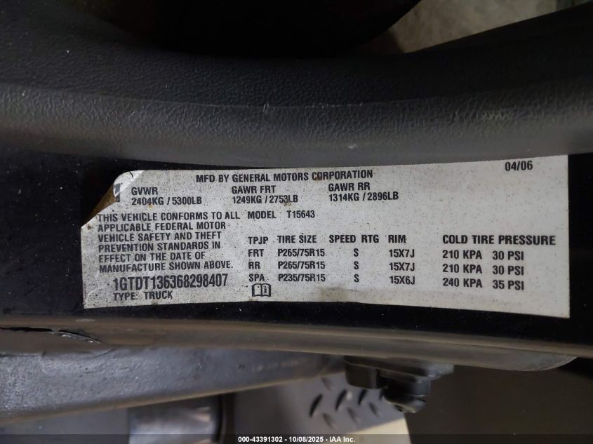 2006 GMC Canyon Slt VIN: 1GTDT136368298407 Lot: 43391302