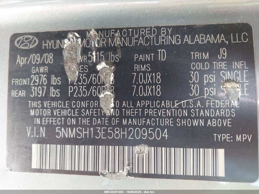2008 Hyundai Santa Fe Limited/Se VIN: 5NMSH13E58H209504 Lot: 43391303