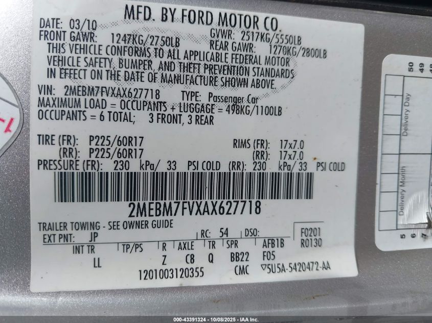 2010 Mercury Grand Marquis Ls (Fleet Only) VIN: 2MEBM7FVXAX627718 Lot: 43391324