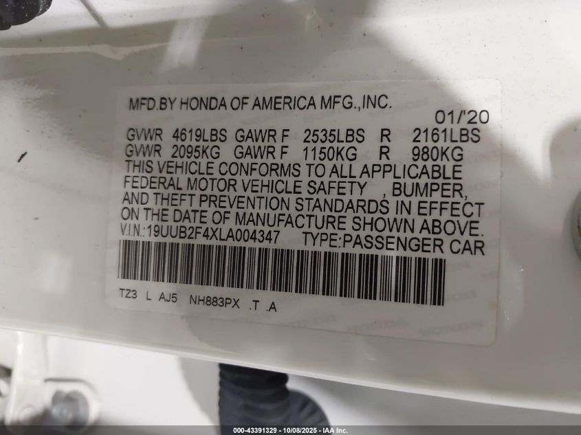2020 Acura Tlx Tech Package VIN: 19UUB2F4XLA004347 Lot: 43391329