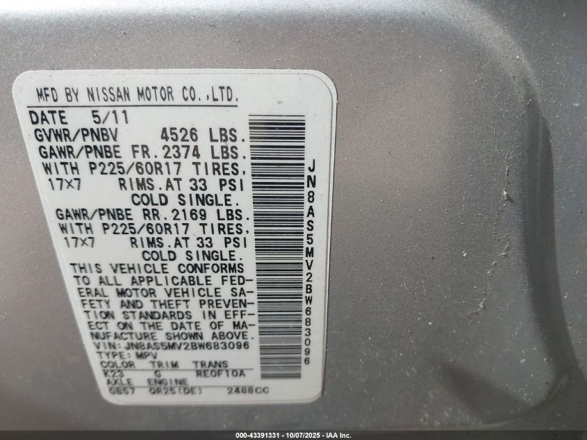 2011 Nissan Rogue Sv VIN: JN8AS5MV2BW683096 Lot: 43391331